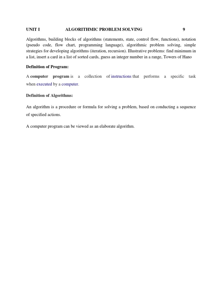 Unit I Algorithmic Problem Solving 9 | PDF