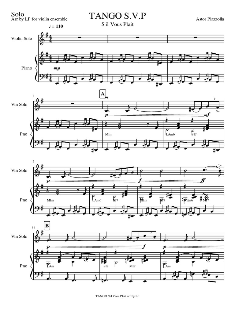 TANGO S V P by Piazzolla For Violin Ensemble-Solo PDF | PDF | Tango ...
