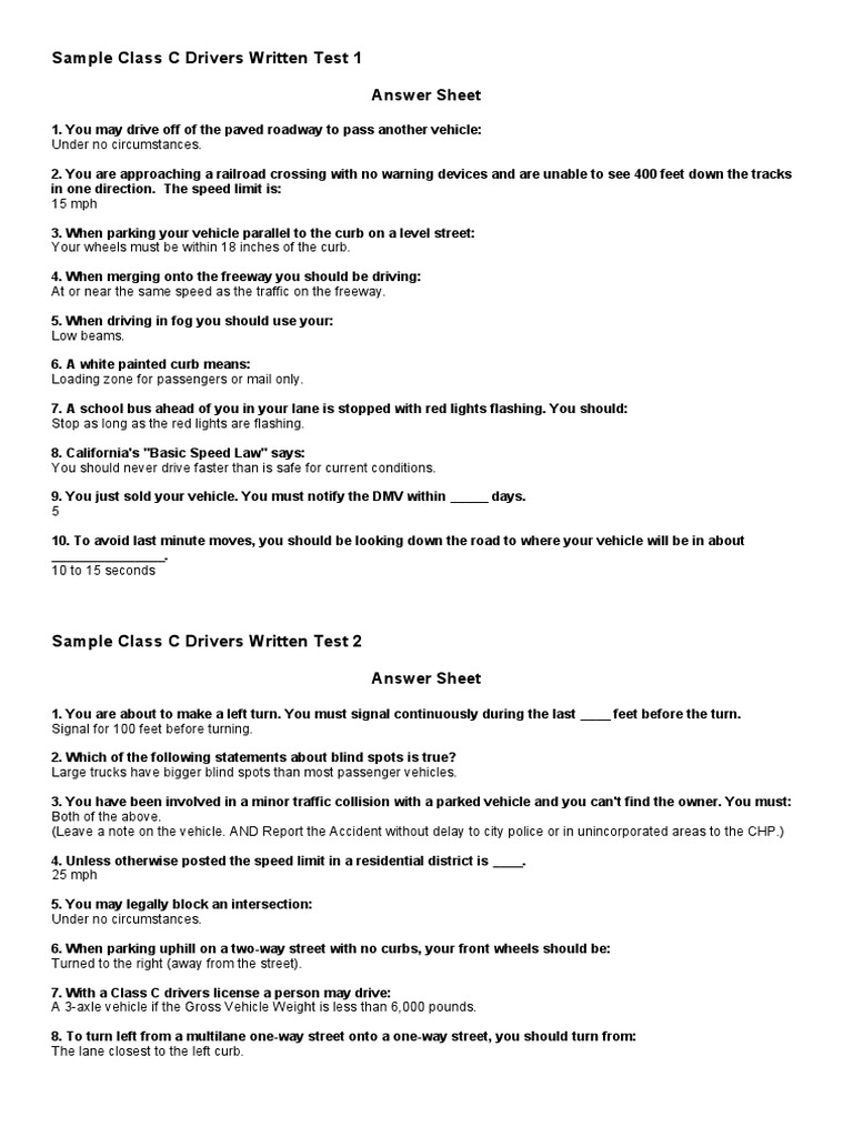 Sample class c drivers written test 1 pdf traffic driving
