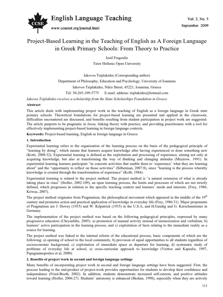 Project-Based Learning in Greek EFL Classrooms | PDF