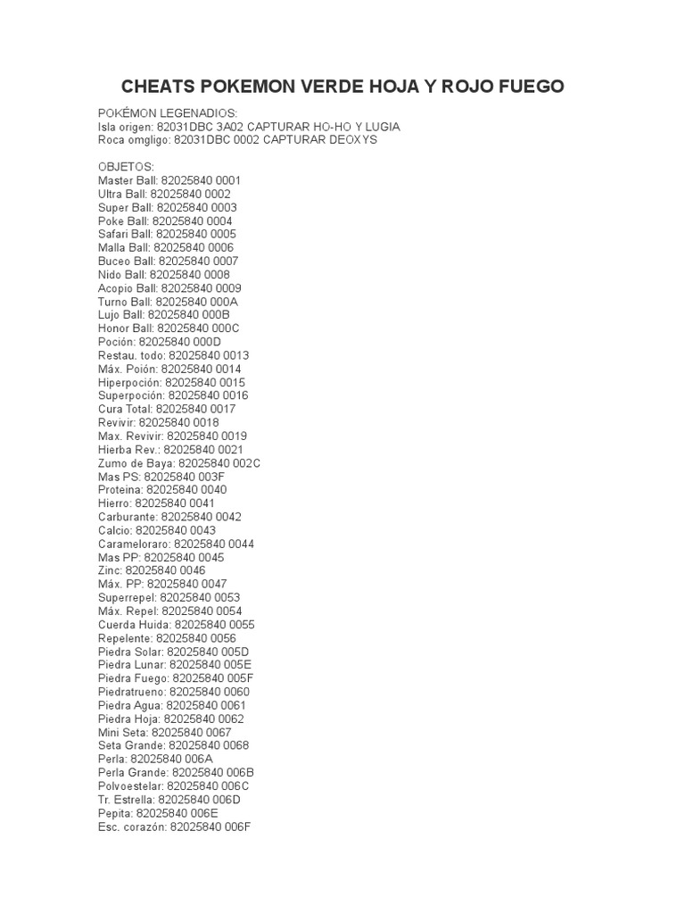 Cheats Pokemon Verde Hoja Y Rojo Fuego Pdf Franquicias De Nintendo Pokemon