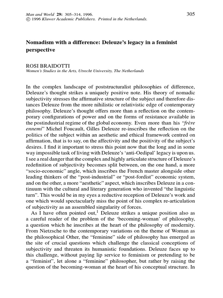 Deleuze and Feminism: Nomadic Subjectivity | PDF | Feminist Theory ...