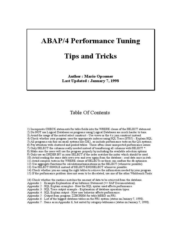 ABAP/4 Performance Tuning Tips | PDF | Database Index | Sql