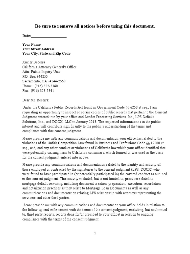 Freedom of Information Act Request to California Attorney General