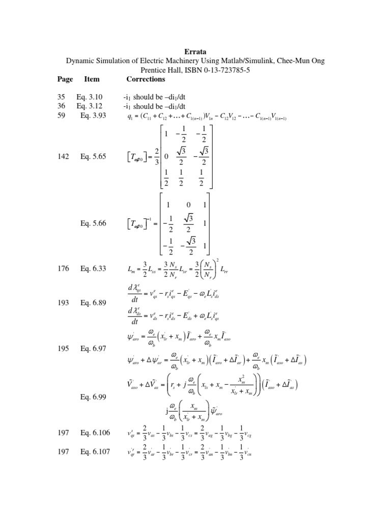 Errata for Electric Machinery Simulation | PDF