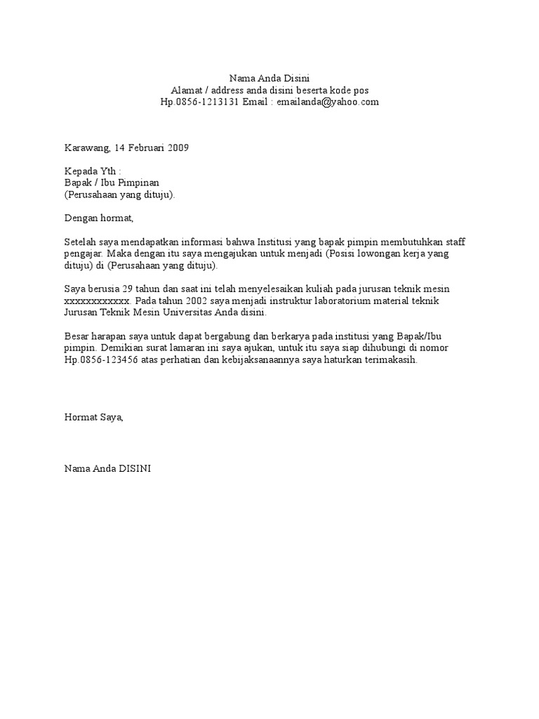 Contoh Surat Lamaran Kerja Umumdoc