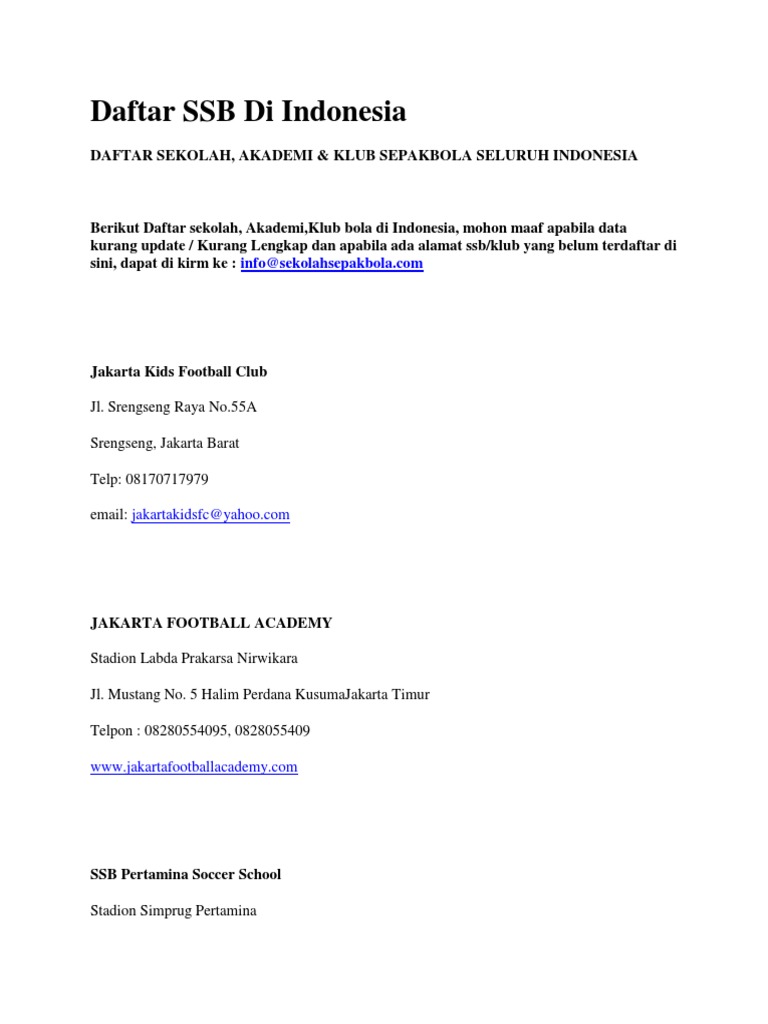 Daftar Ssb Di Indonesia