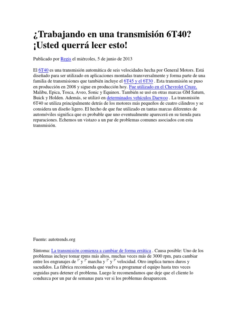 GM 6T40 Gearbox Specs Descargar gratis PDF Engranaje Transmisión