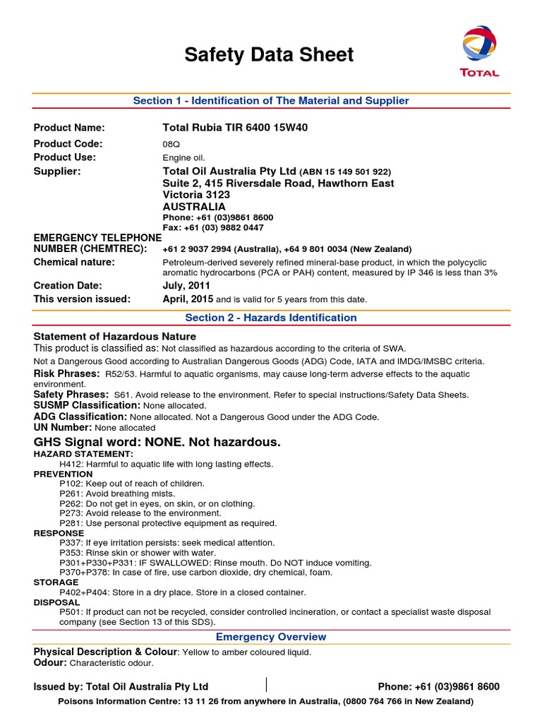 Rubia Tir 6400 15w40 Msds Chemistry Materials Prueba gratuita de