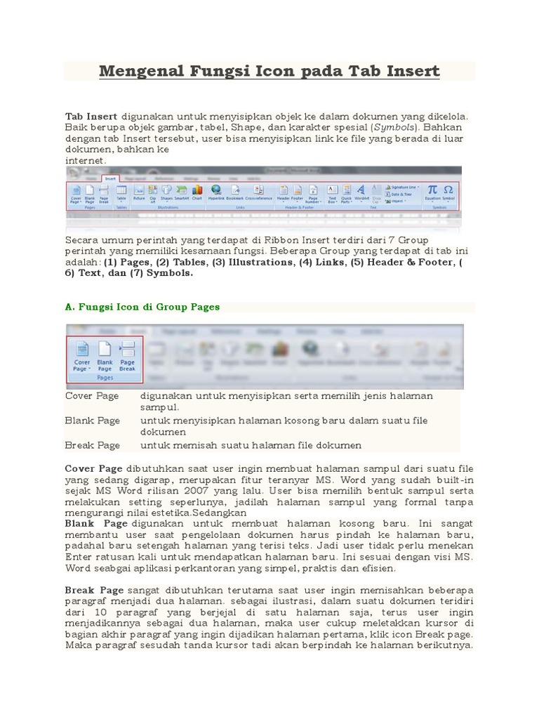 Fungsi Icon Pada Menu Insert Ms Word Office 2007