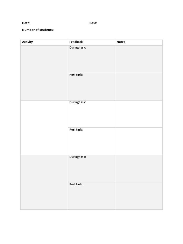 Date: Class: Number of Students:: Activity Feedback Notes | PDF