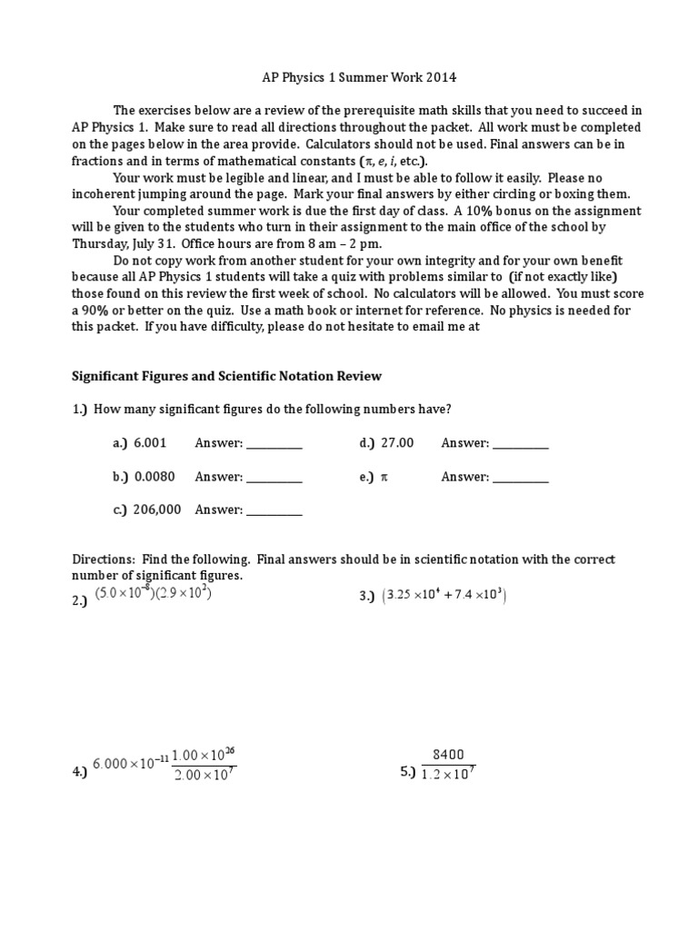 AP Physics 1 Summer Math Review | PDF | Mathematical Objects | Teaching ...