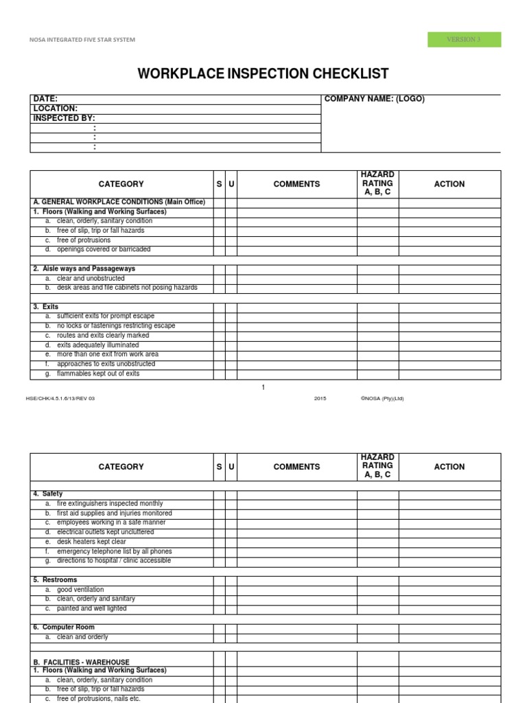 HSE CHK 4.5.1.6 13 REV 03 Sample Inspection Checklist Aisle Warehouse
