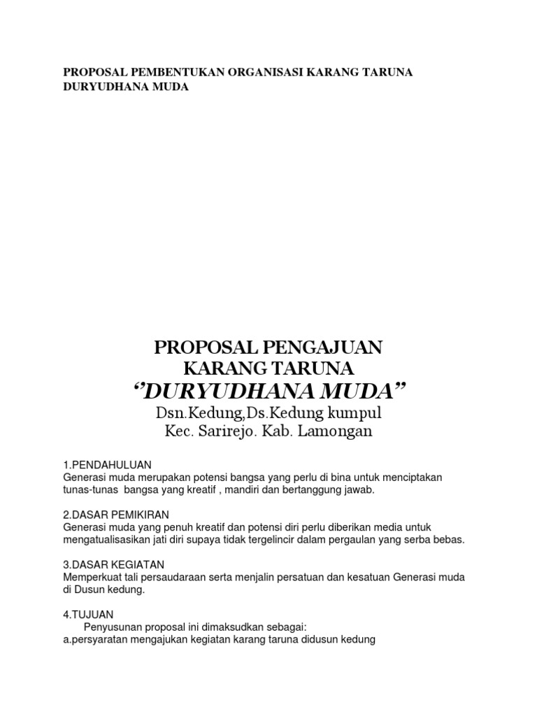 Proposal Pembentukan Organisasi Karang Taruna Duryudhana Muda