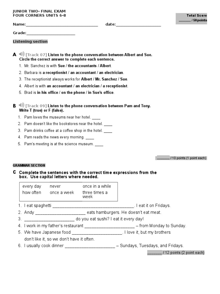 Junior Two: Four Corners Final Exam | PDF