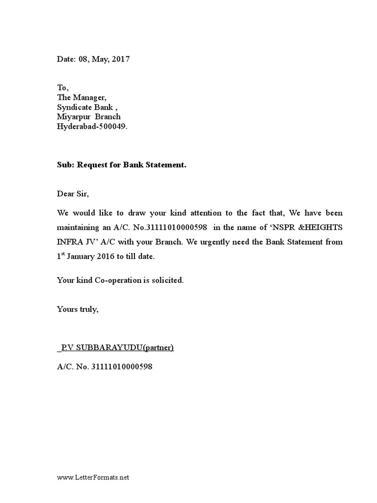 Bank Statement Request Letter to the Bank Manager