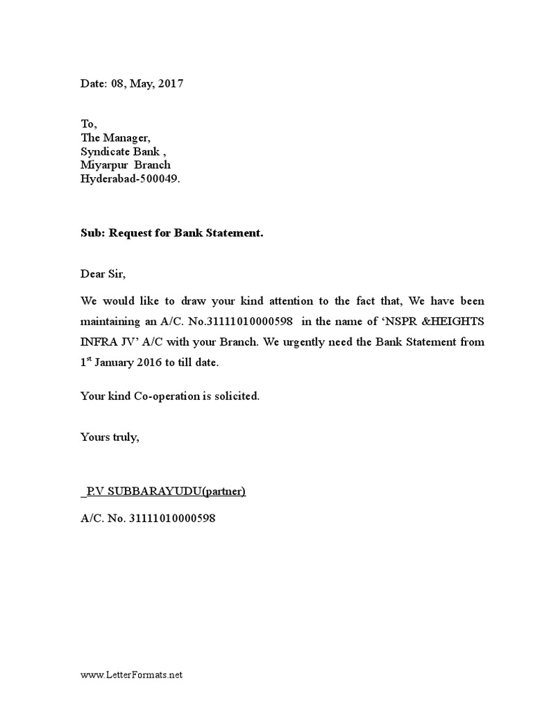 Bank Statement Request Letter To The Bank Manager  PDF  Banking