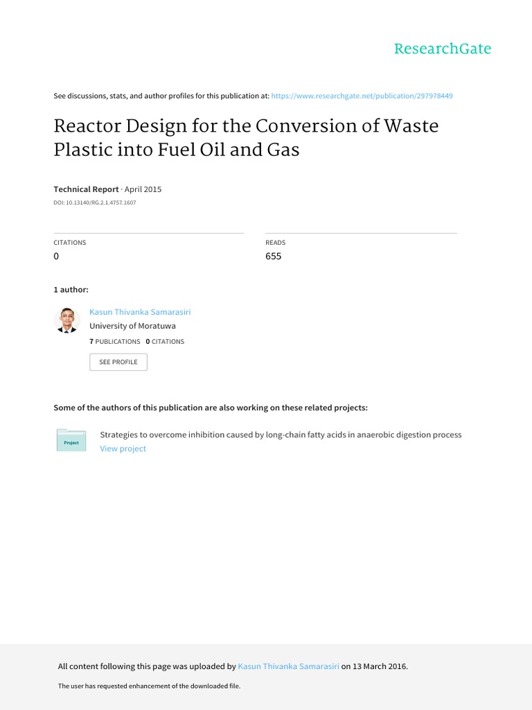 Waste Plastic to Fuel Reactor Design | PDF | Chemical Reactor | Catalysis