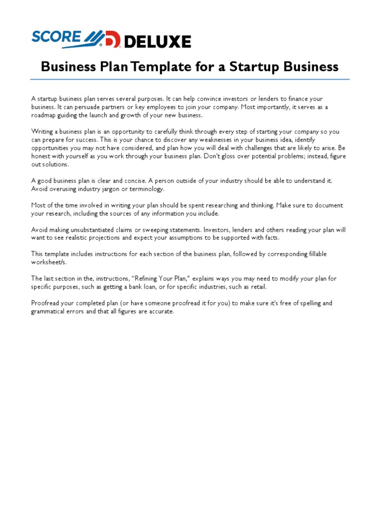 SCORE Deluxe Startup Business Plan Template  PDF  Income