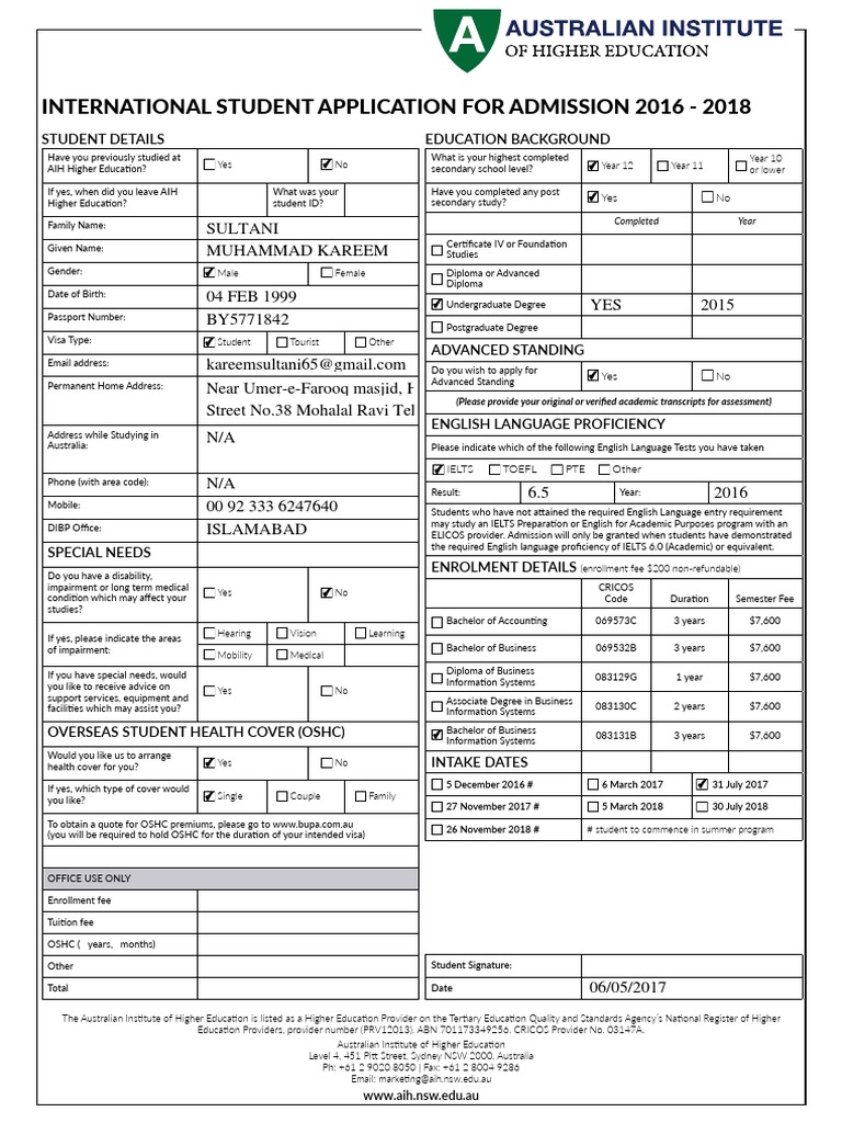 AIH International Student Application Form | PDF | International ...