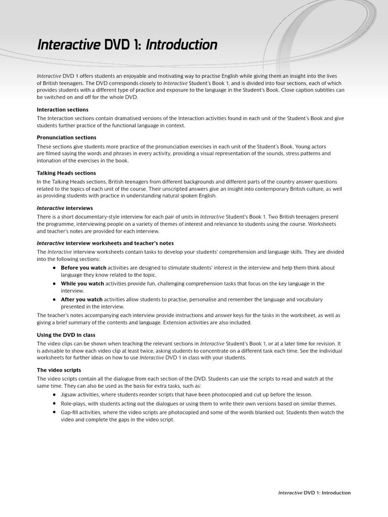 Interactive Level 1 DVD Worksheets and Teacher Support | PDF | Reading ...
