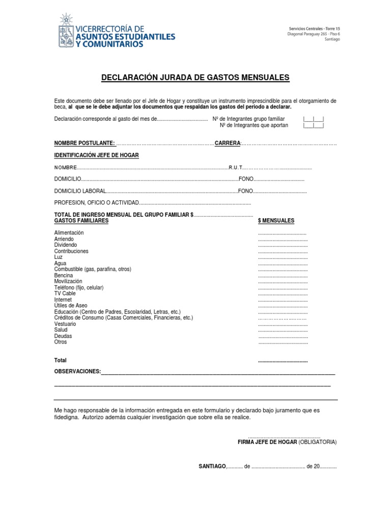 Declaración Jurada de Gastos Mensuales | PDF | Business