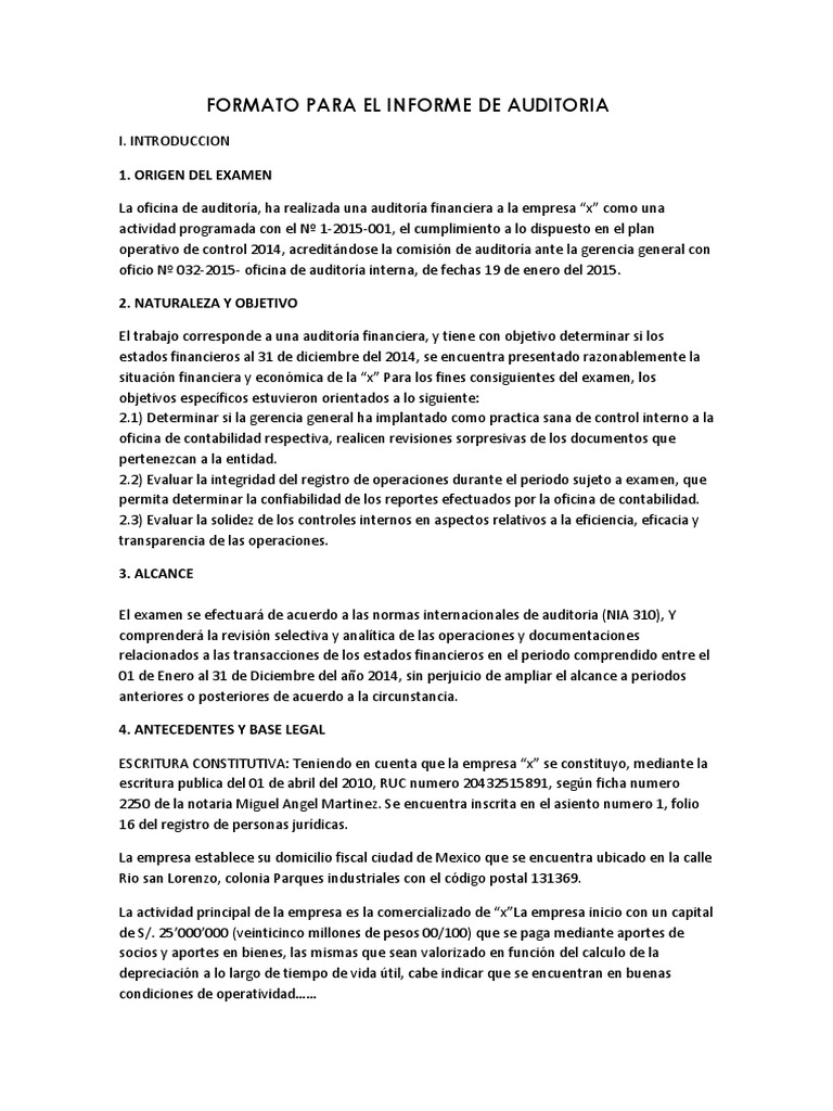 Formato para El Informe de Auditoria | PDF | Auditoría financiera ...