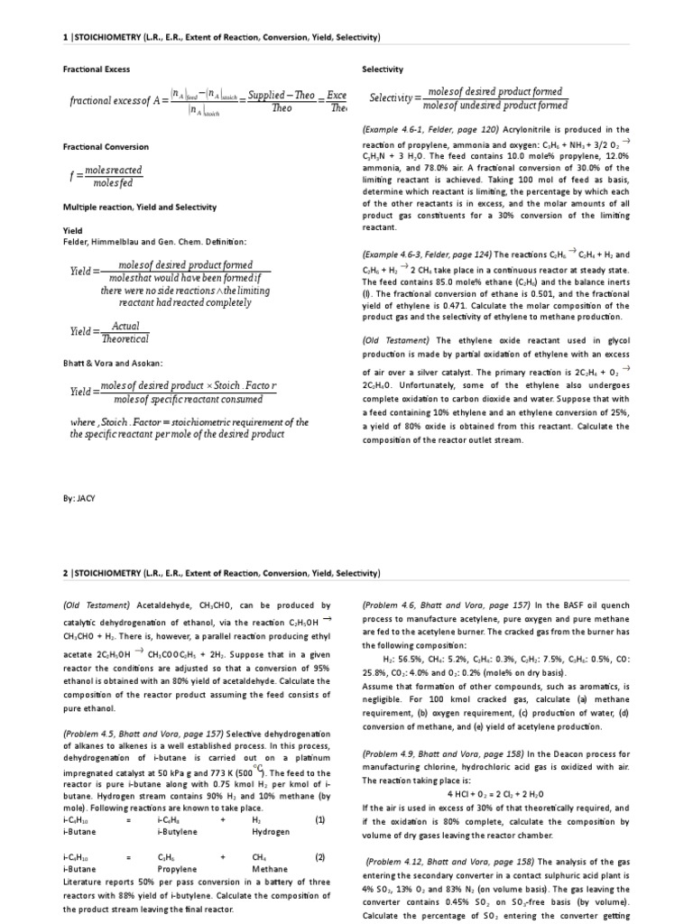 STOICHIOMETRY (Yield, Conversion, Selectivity) | Download Free PDF ...