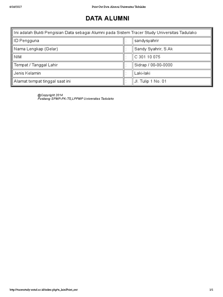 Print Out Data Alumni Universitas Tadulako 2 | PDF