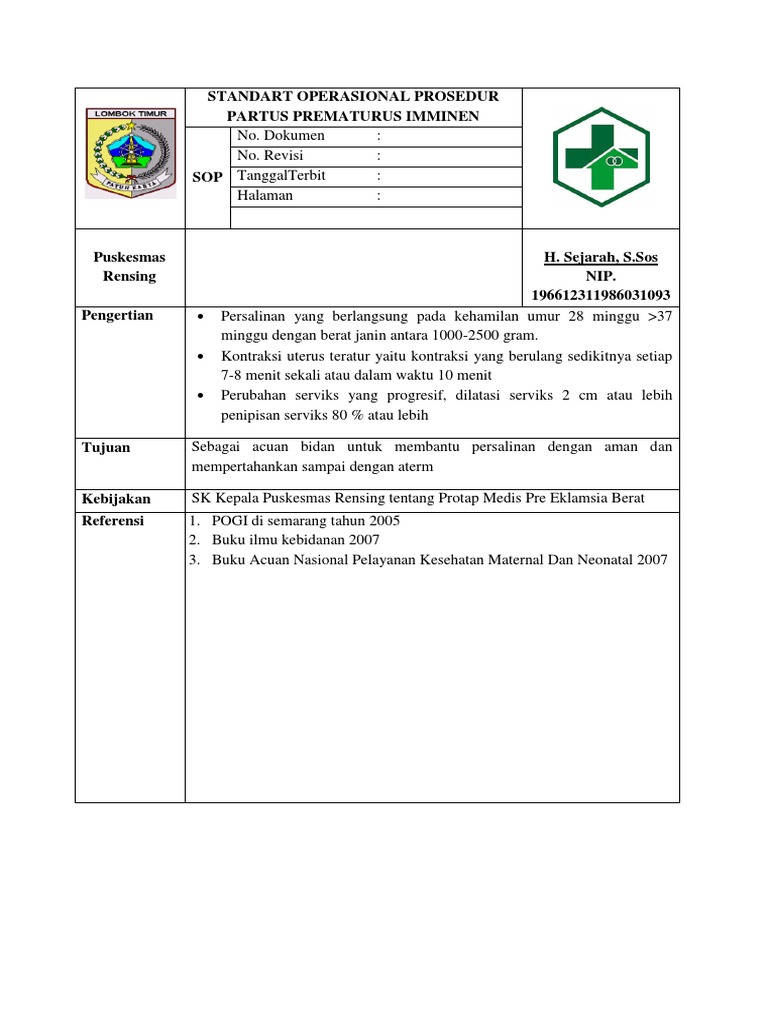 SOP Penanganan Partus Prematurus | PDF