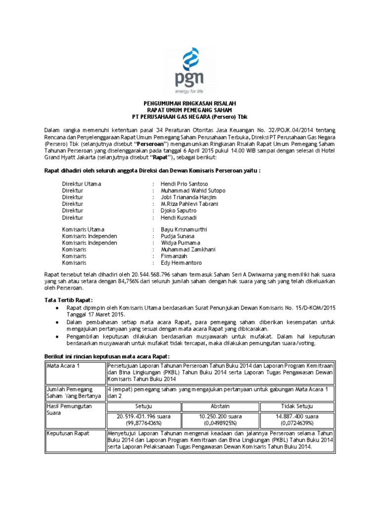 Ringkasan RUPS PT PGN Tbk 2015 | PDF