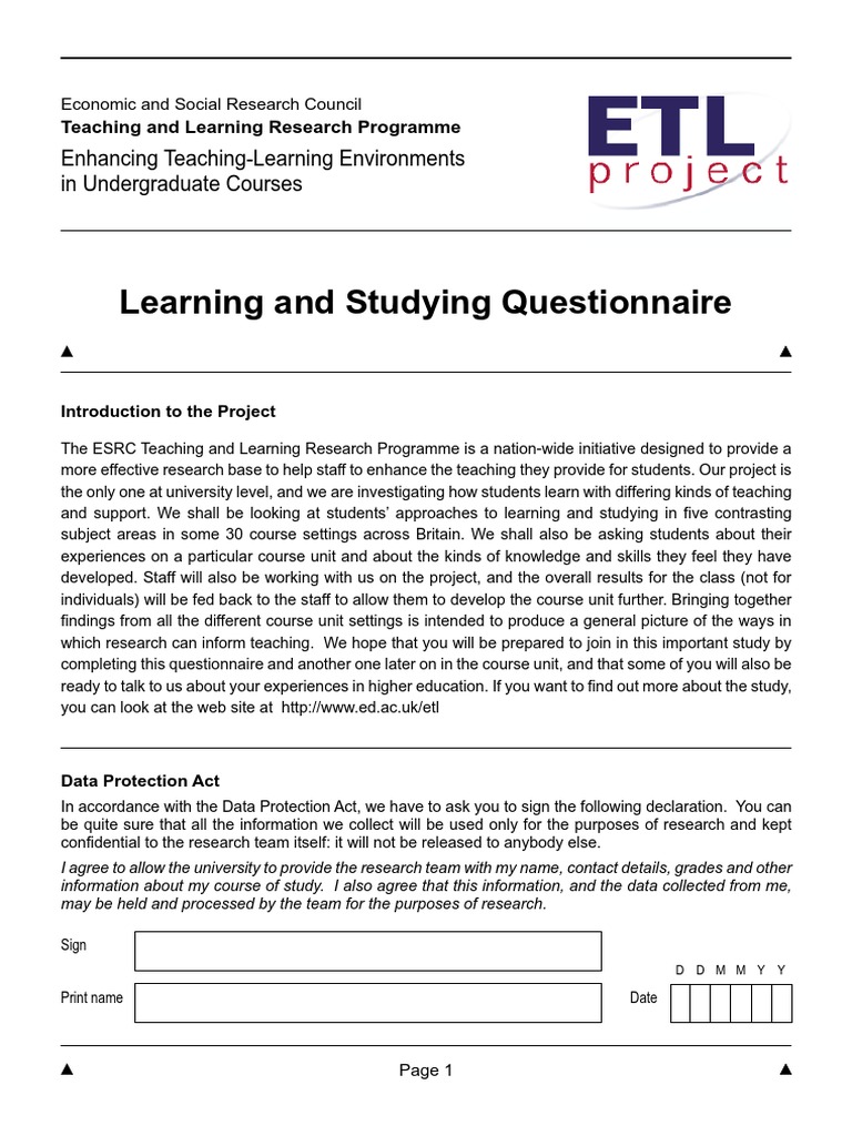 Learning and Studying Questionnaire: Enhancing Teaching-Learning ...