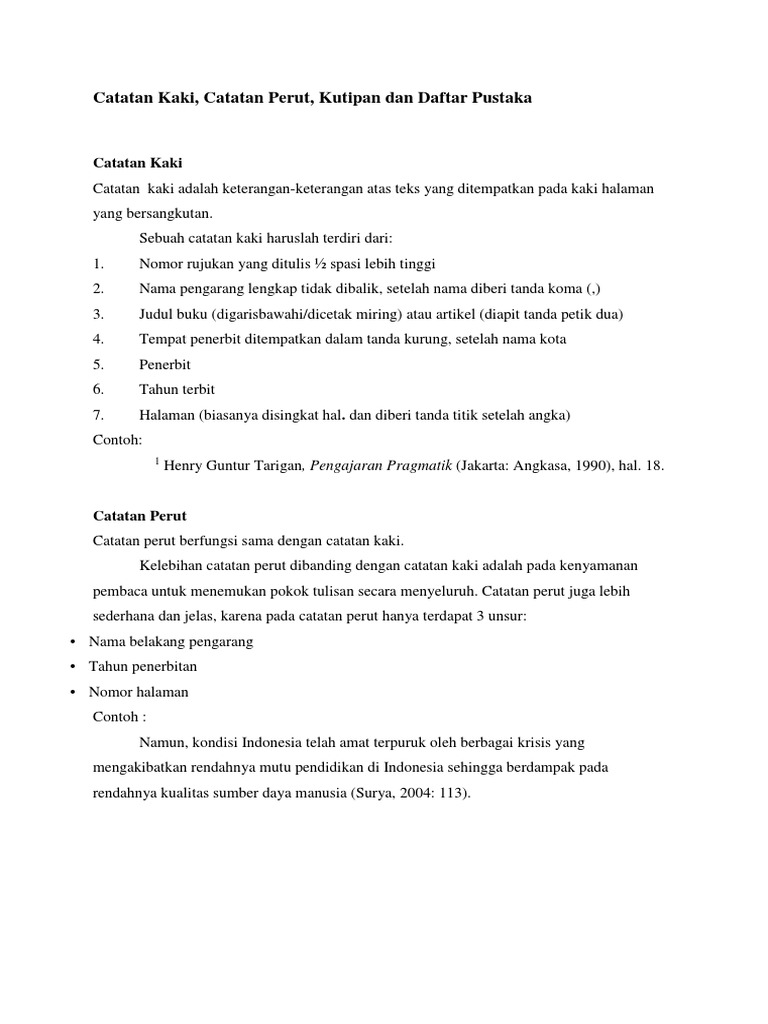 Catatan Kaki, Catatan Perut, Kutipan Dan Daftar Pustaka