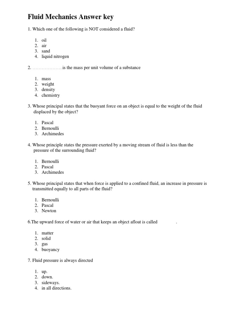Fluid Mechanics Answer Key PDF Pressure Buoyancy