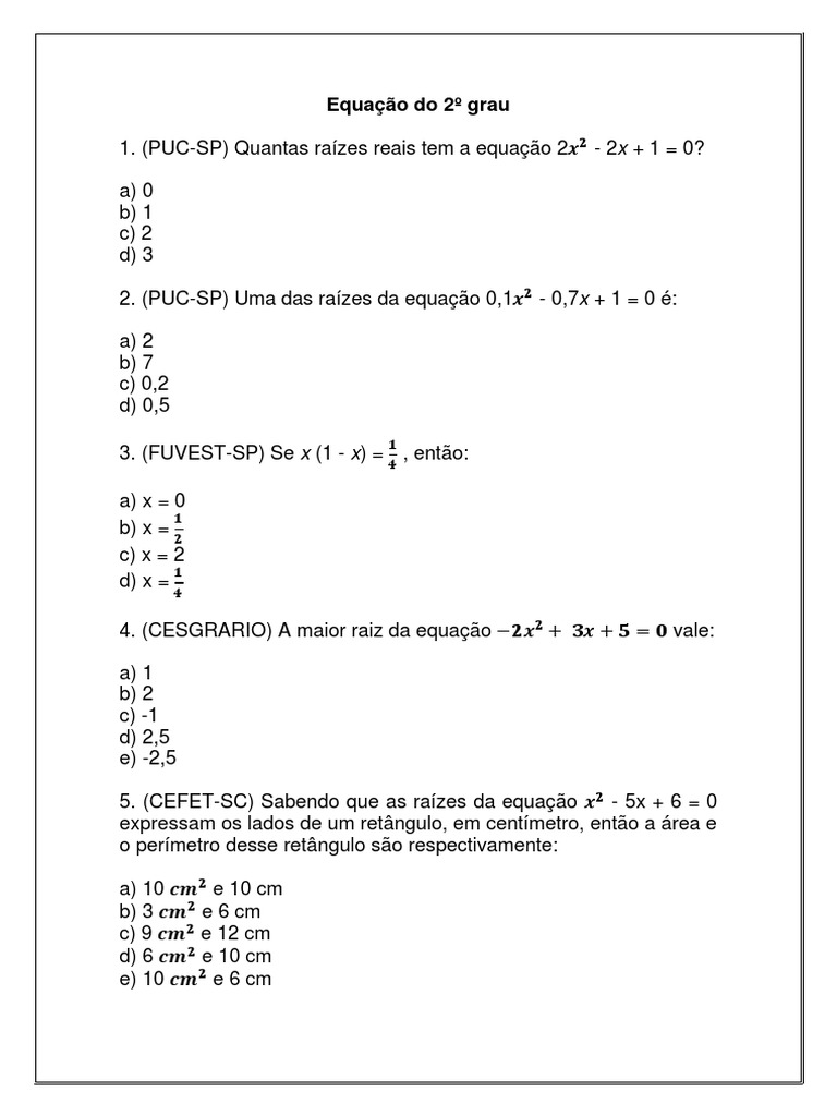 Exercícios sobre Equação do 2º Grau | PDF | Equação quadrática | Equações