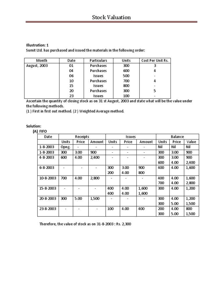 Stock Valuation Illustration 1 PDF Inventory Valuation (Finance)