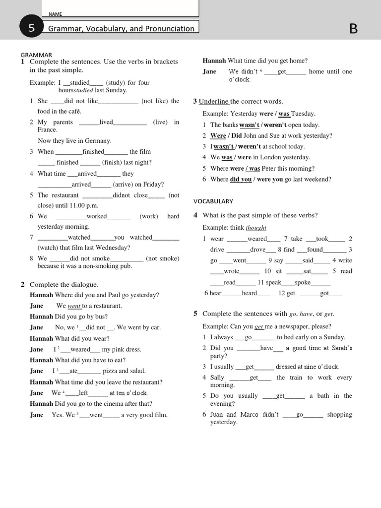 Complete the sentences using past simple verbs PDF Restaurant And