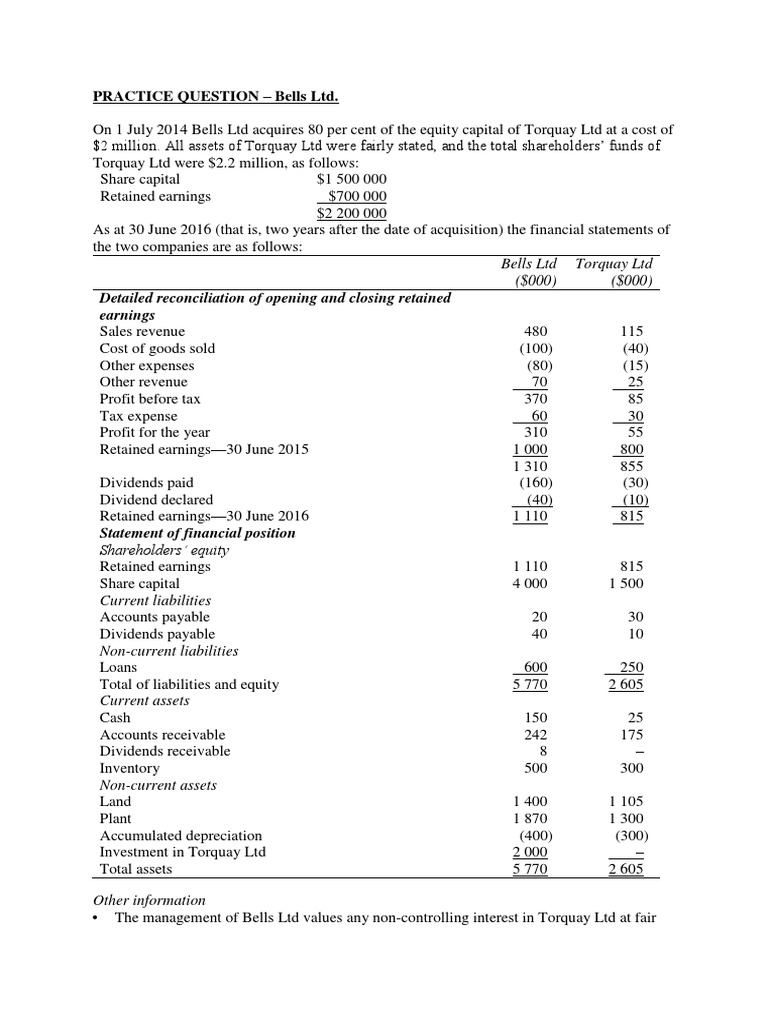 Practice Question Bells LTD LTD PDF Retained Earnings Dividend