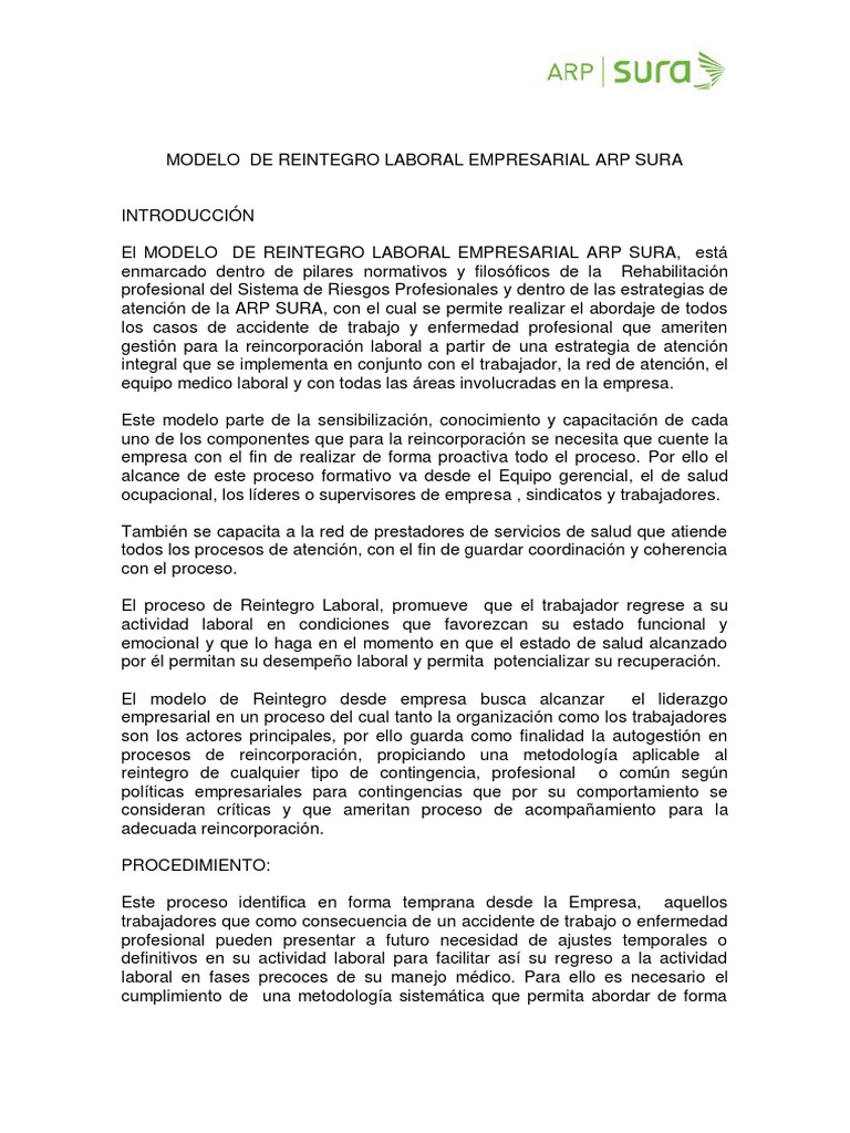 Modelo de Reintegro Laboral ARP SURA | PDF | Planificación | Derecho ...