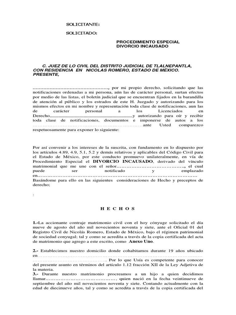 Total 107+ imagen modelo de divorcio incausado en el estado de mexico