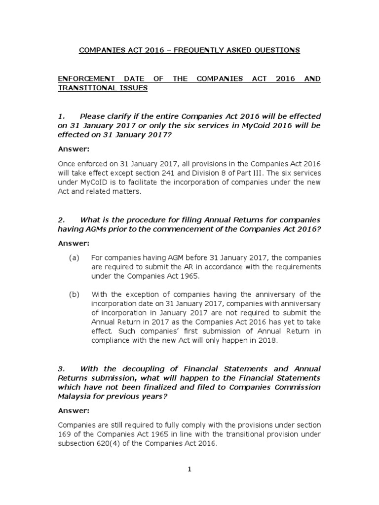 Faq Transitional Issues Companies Act 2016 Technical 17 2 2017new Articles Of Association Board Of Directors