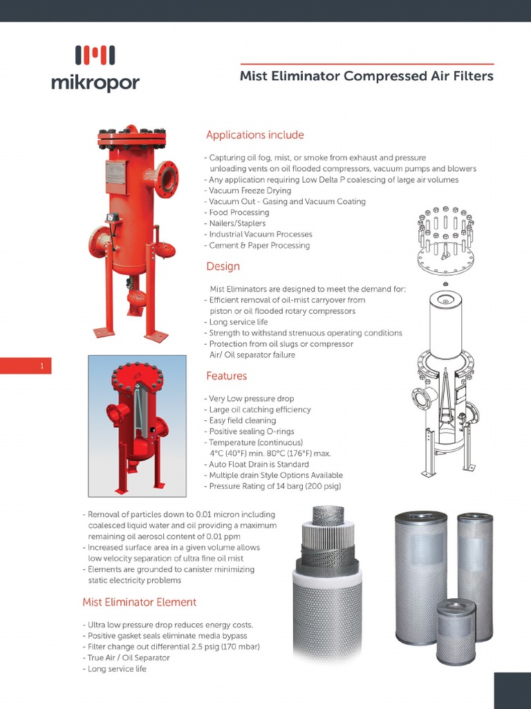 Mist Eliminator Compressed Air Filters