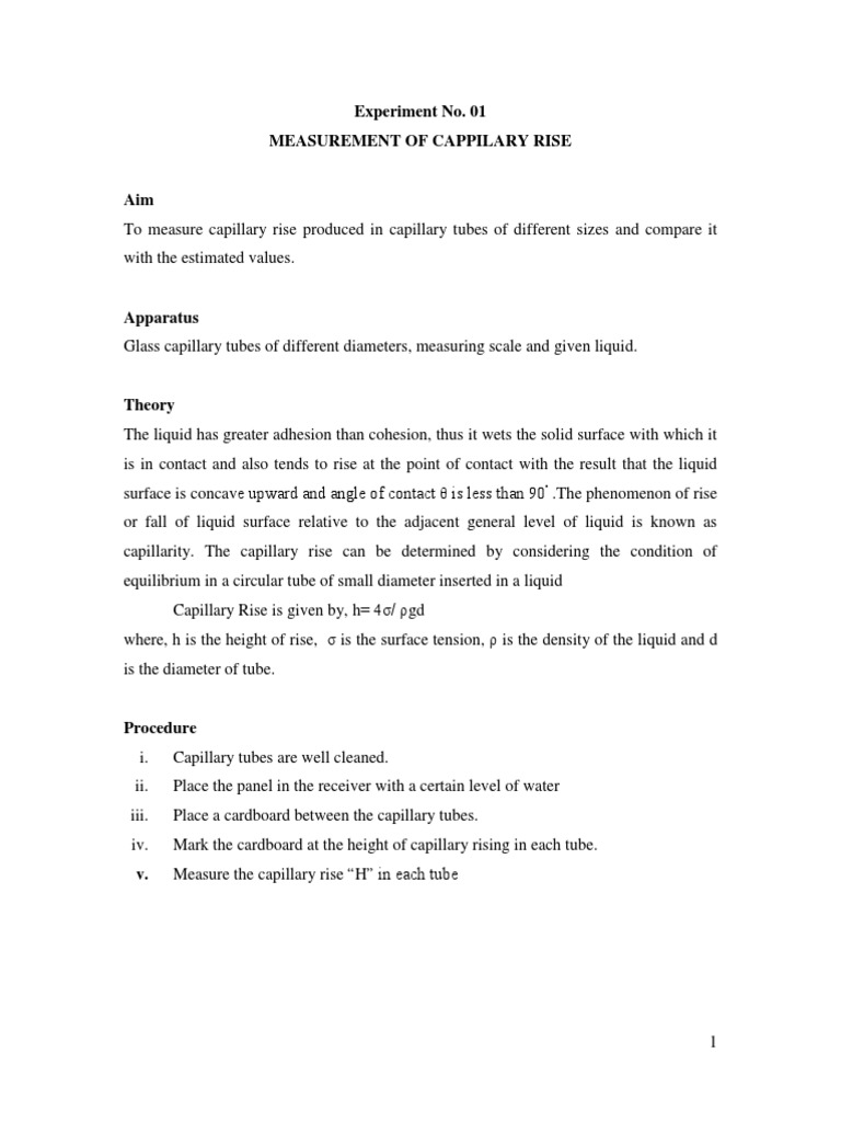 Capillary Rise and Fluid Mechanics Experiments | PDF | Fluid Dynamics ...