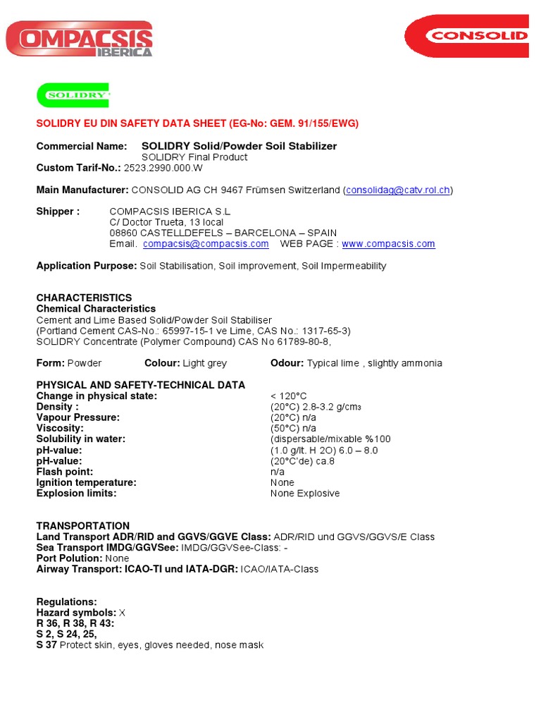 Solidry Soil Stabilizer Safety Data Sheet | PDF | Materials | Chemistry