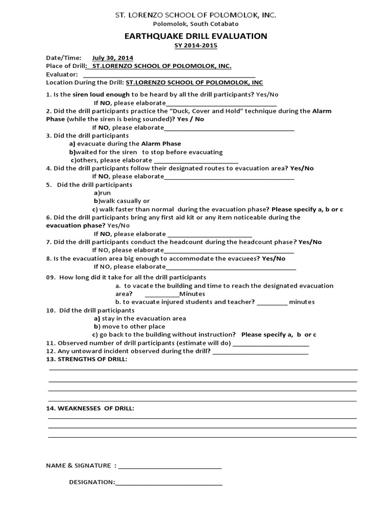 SLSPI Earthquake Drill Evaluation Form Emergency Evacuation
