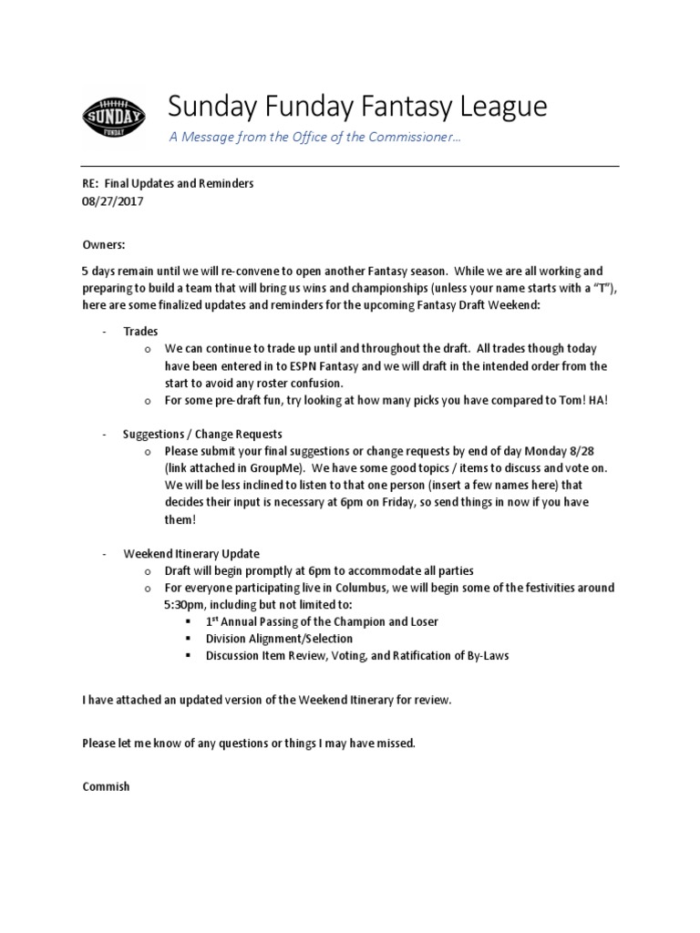 Sunday Funday Fantasy League Draft Update | PDF