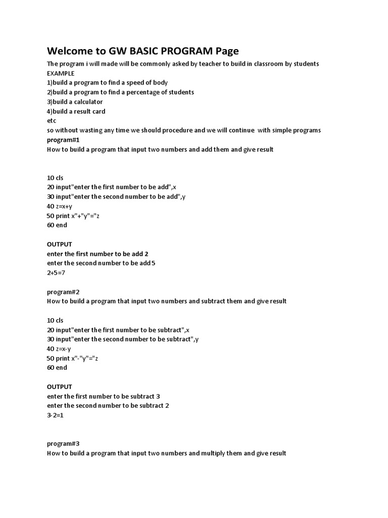 Gw Basic Programs | Volume | Formula