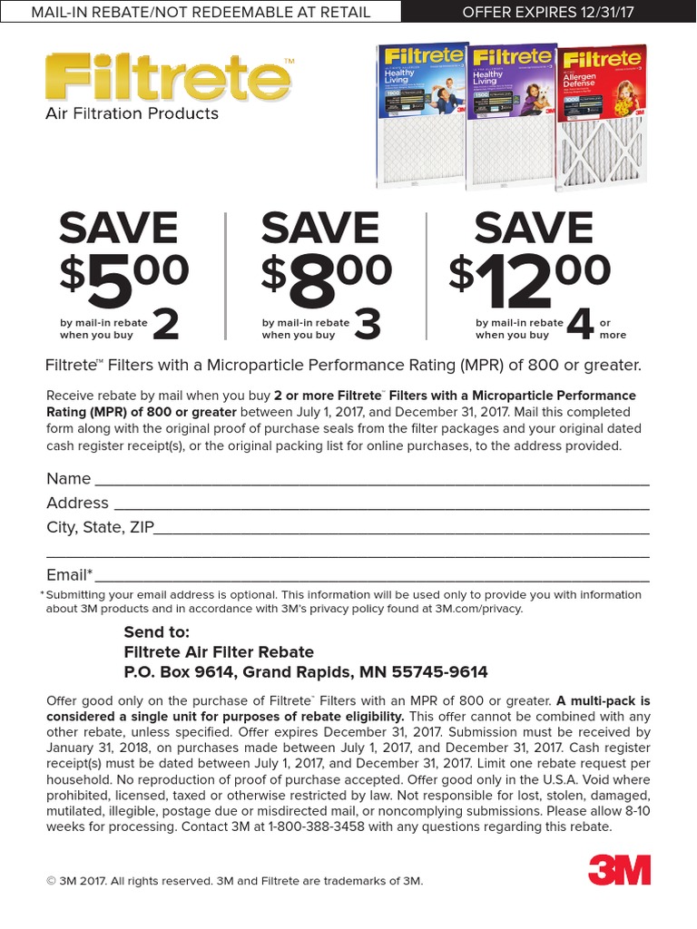 Save 2 3 Save 4 Save Send To Filtrete Air Filter Rebate P.O. Box 9614