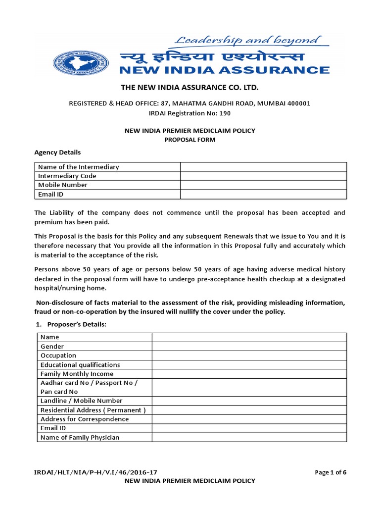 Proposal Form for New India Premier Mediclaim Insurance Health Sciences Free 30day Trial
