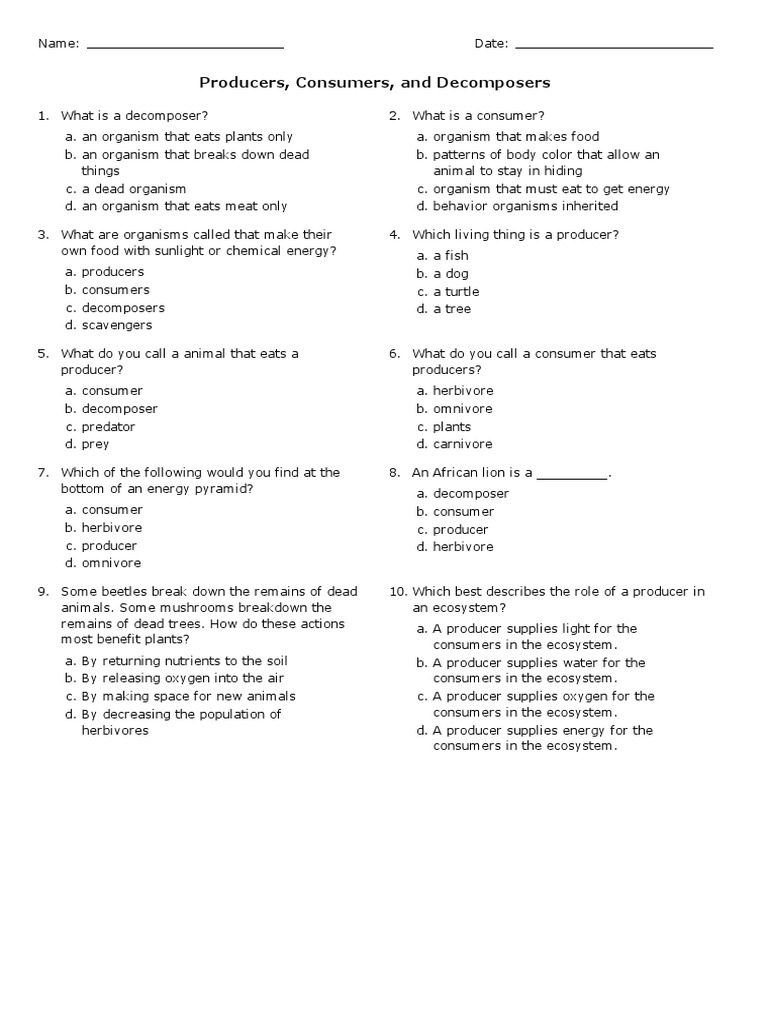 Producers, Consumers, and Decomposers (Grade 23) - Free Printable Throughout Producer Consumer Decomposer Worksheet